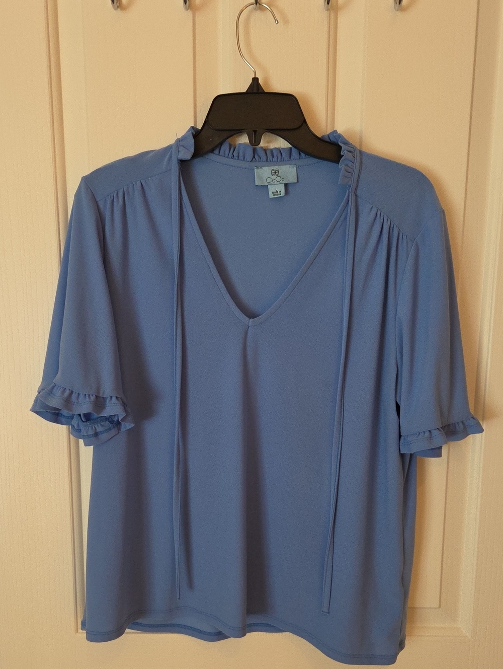 CeCe Ruffle Tie V-Neck Top Blouse in Blue Large